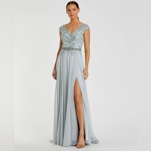 Mac Duggal Light Blue Embroidered V-Neck Maxi Dress with Thigh Slit